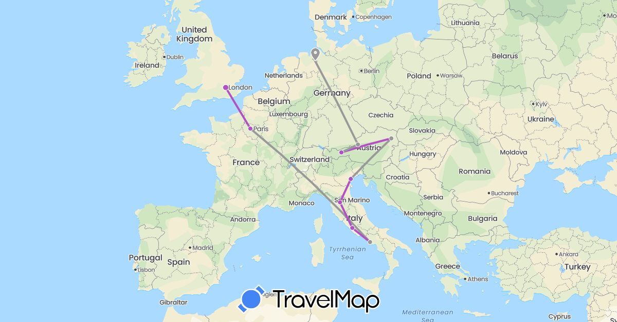 TravelMap itinerary: driving, plane, train in Austria, Germany, France, United Kingdom, Italy (Europe)